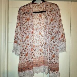 Jolt Kimono Womens M Boho Floral Crochet Hem coastal beachy western fairycore
